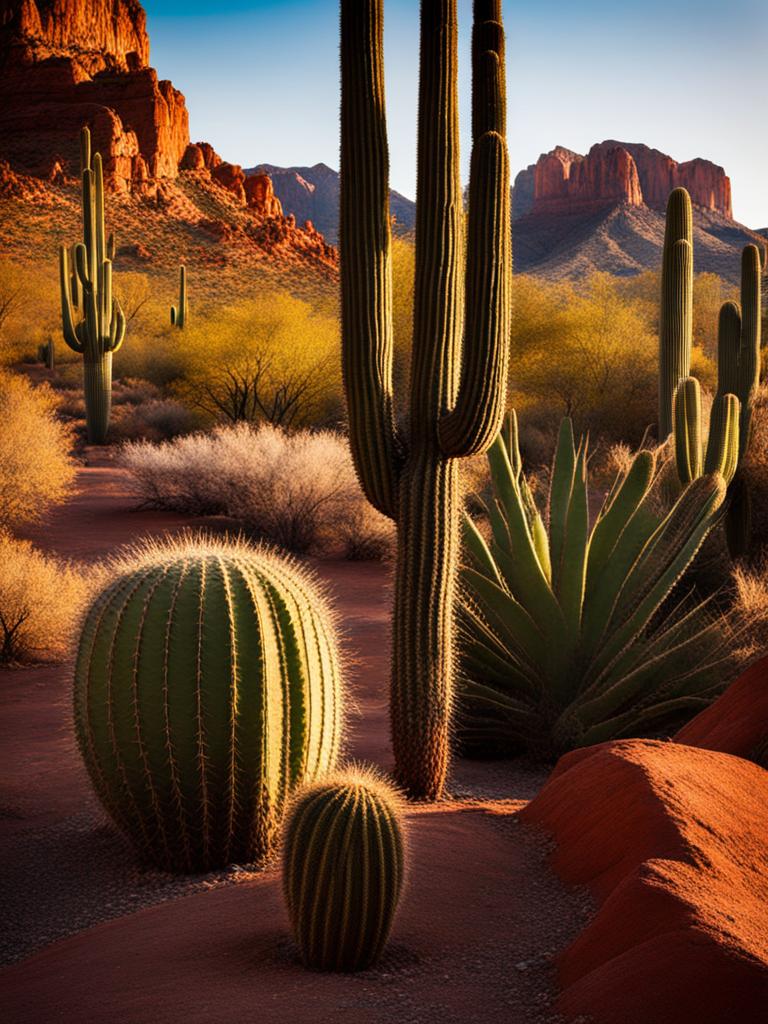 arizona desert, immersing in the rugged beauty of the sonoran desert with cacti and red rocks. 