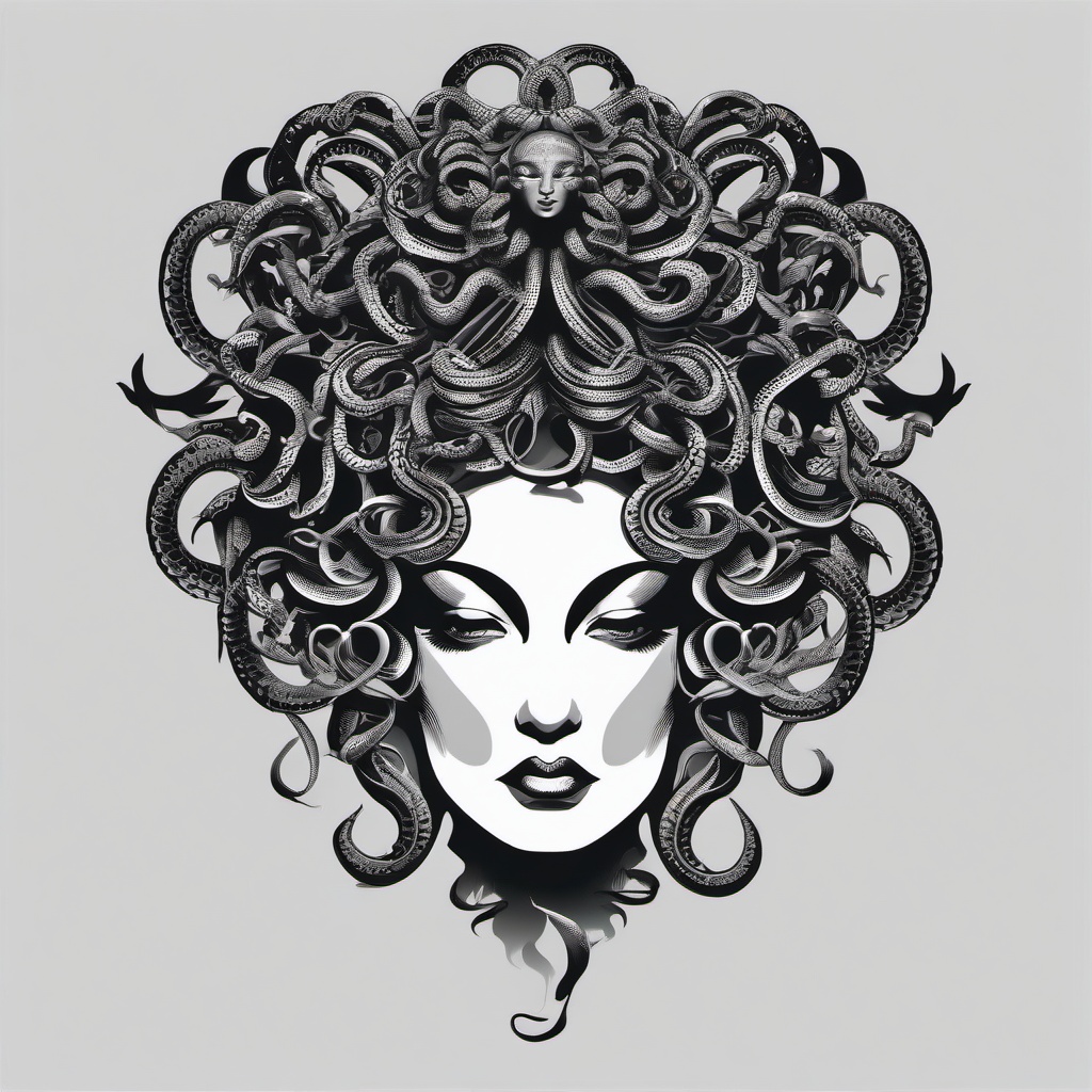 Black and Grey Medusa Tattoo - Combine elegance and sophistication with a black and grey tattoo featuring the mythical beauty of Medusa.  simple vector color tattoo,minimal,white background