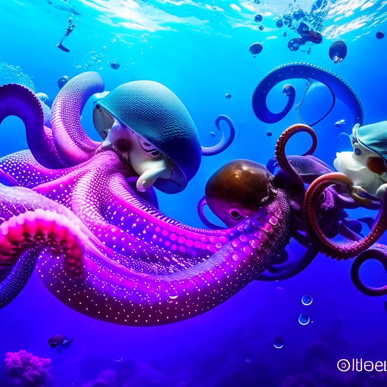 octopuses holding an underwater dance-off, trying to outdo each other with intricate moves. 