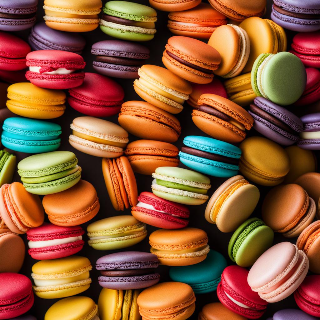 a tower of colorful rainbow macarons, each with a vibrant hue and unique flavor. 