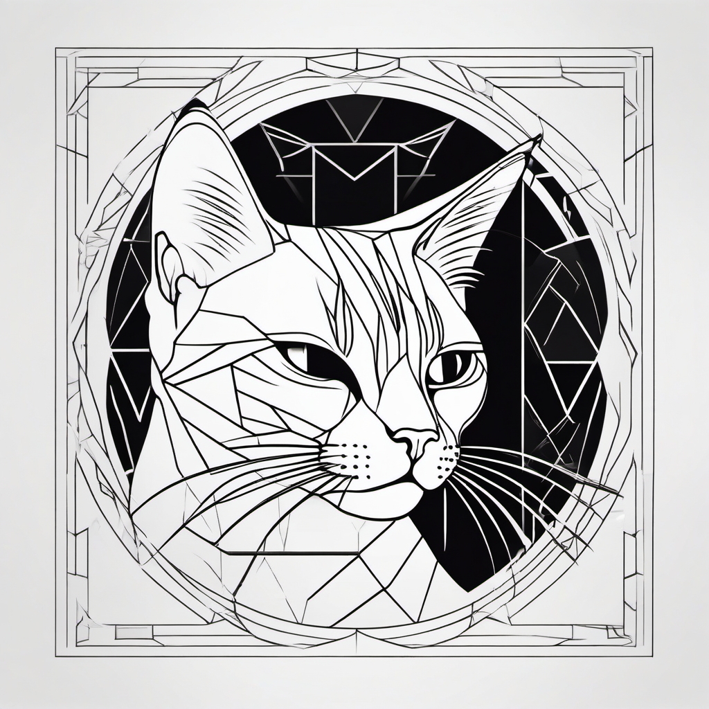 Fusion of feline and art with a cat silhouette in geometric patterns: A modern tattoo twist.  black white outline tattoo, white background