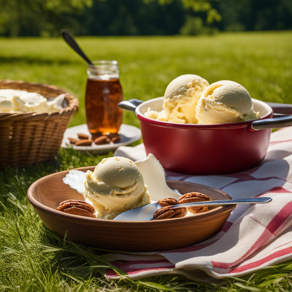 butter pecan ice cream relished at a family picnic in a sun-dappled meadow. 