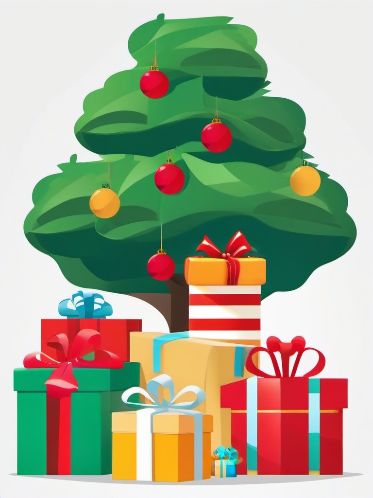 Wrapped presents stacked beside a tree clipart.  vector style illustration, white background