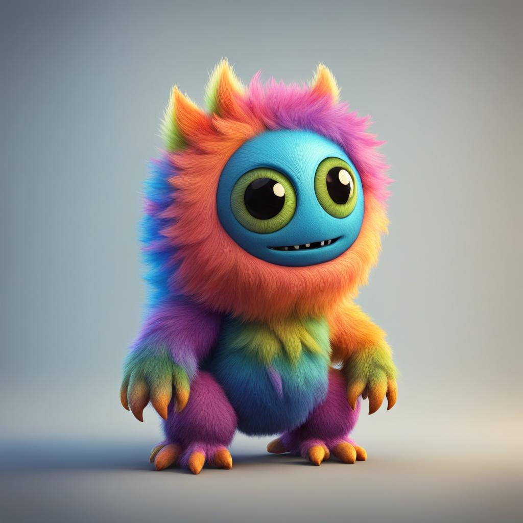 Cute monster with 2 eyes, a big head, 4 arms, one tail and multicolor skin