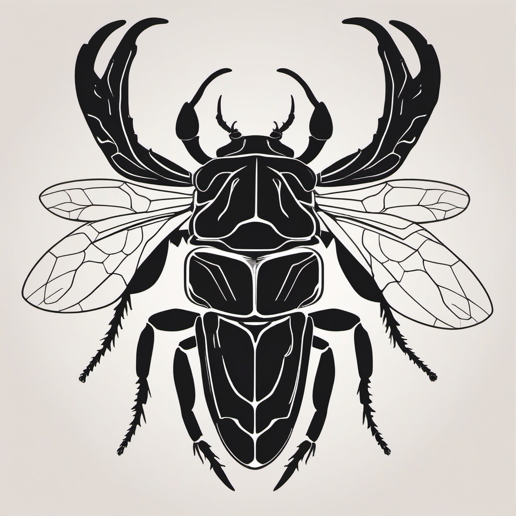 Stag beetle silhouette tattoo. Antlers of insect strength.  minimal color tattoo design