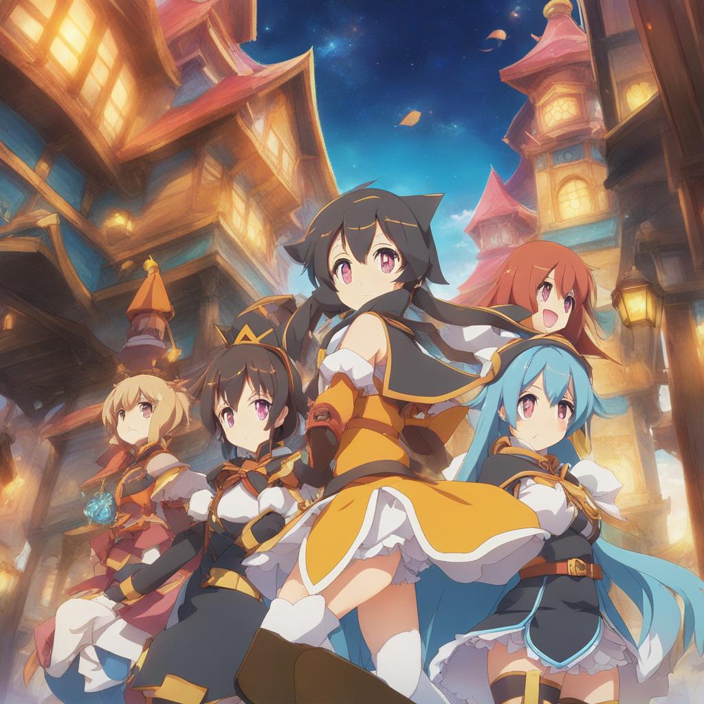 konosuba - embarks on whimsical misadventures in a vibrant, candy-colored fantasy world. 