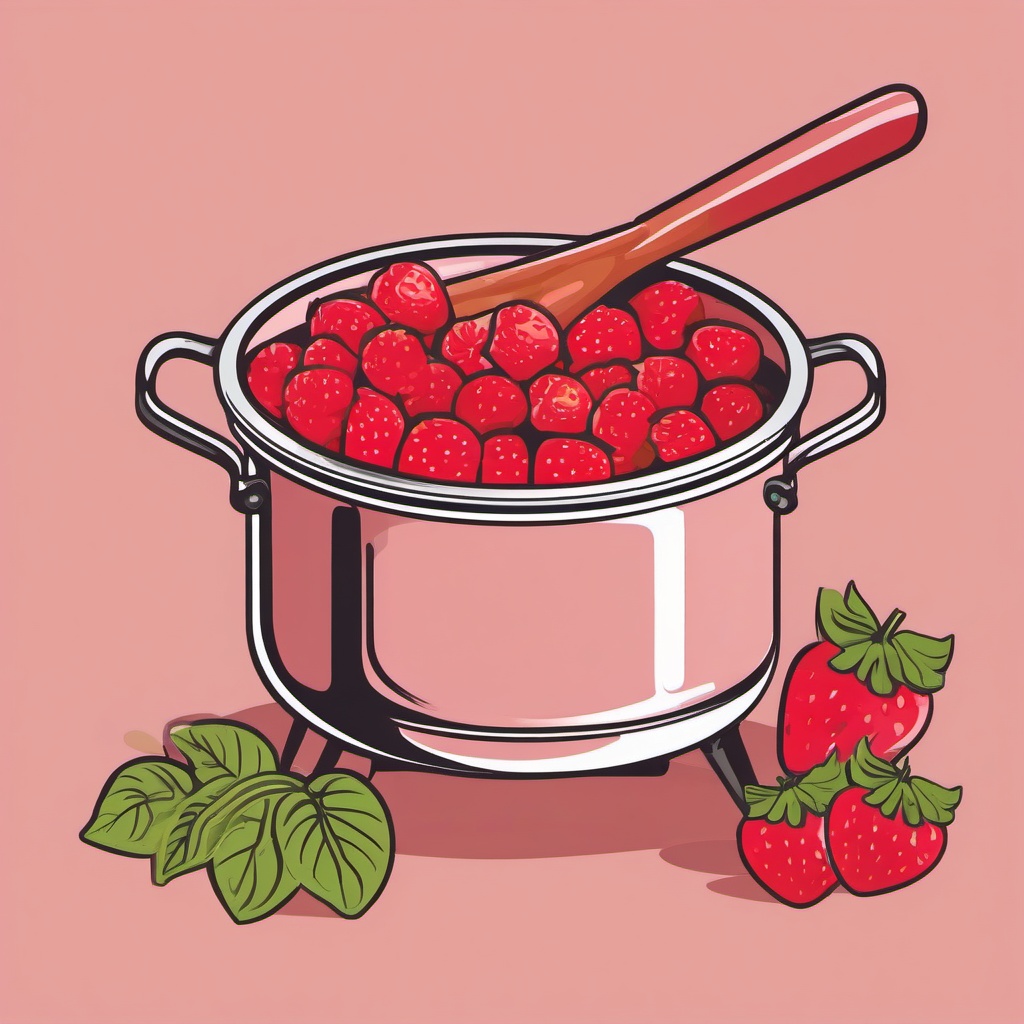 Rhubarb and Strawberries Jam Making Clipart - Pot of rhubarb and strawberries being cooked for jam.  color vector clipart, minimal style