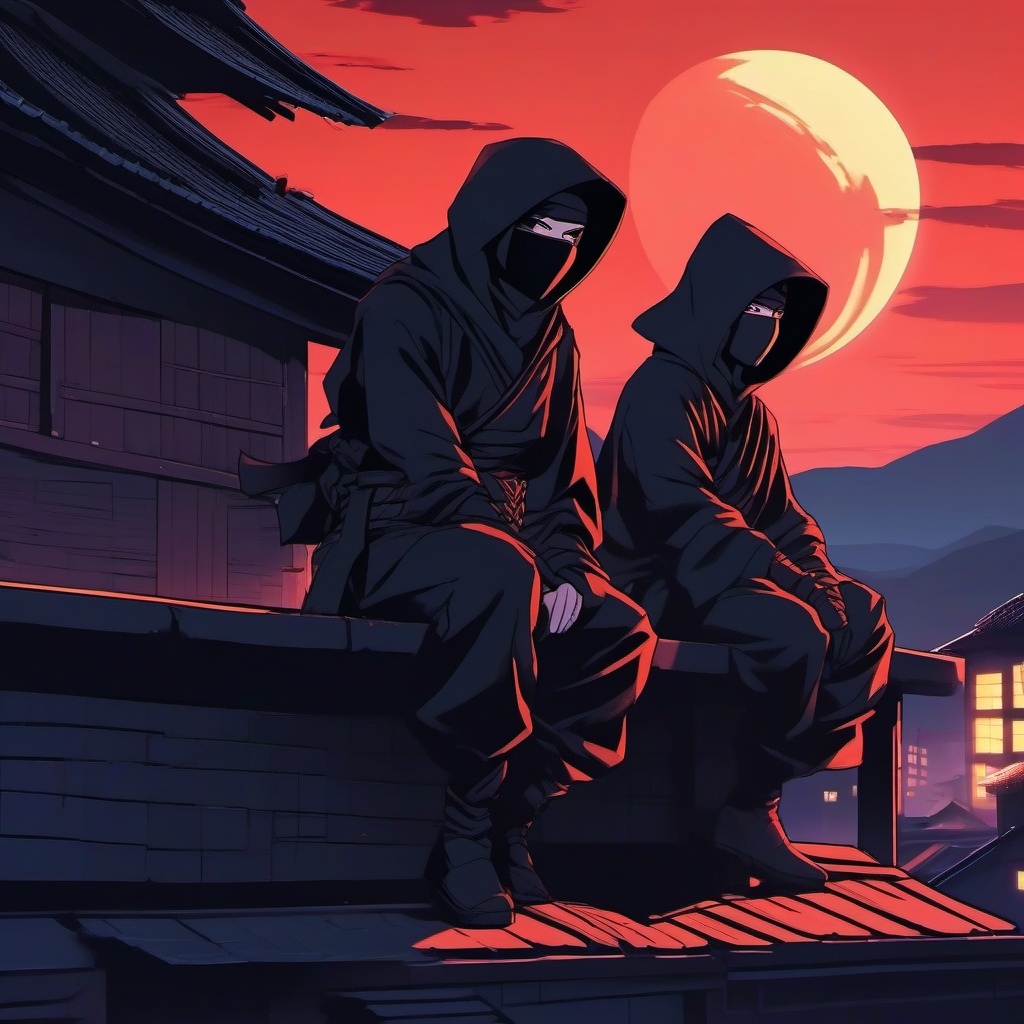 Stealthy ninja character and agile ninja partner, clad in shadowy attire, silently perched on a rooftop in a moonlit village, ready for a secret mission, as a matching pfp for friends. wide shot, cool anime color style