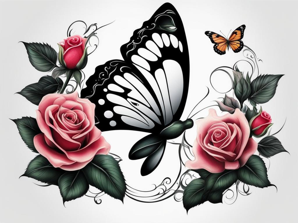 Butterfly with a rose tattoo, Elegant tattoos featuring butterflies alongside roses. , color tattoo design, clean white background