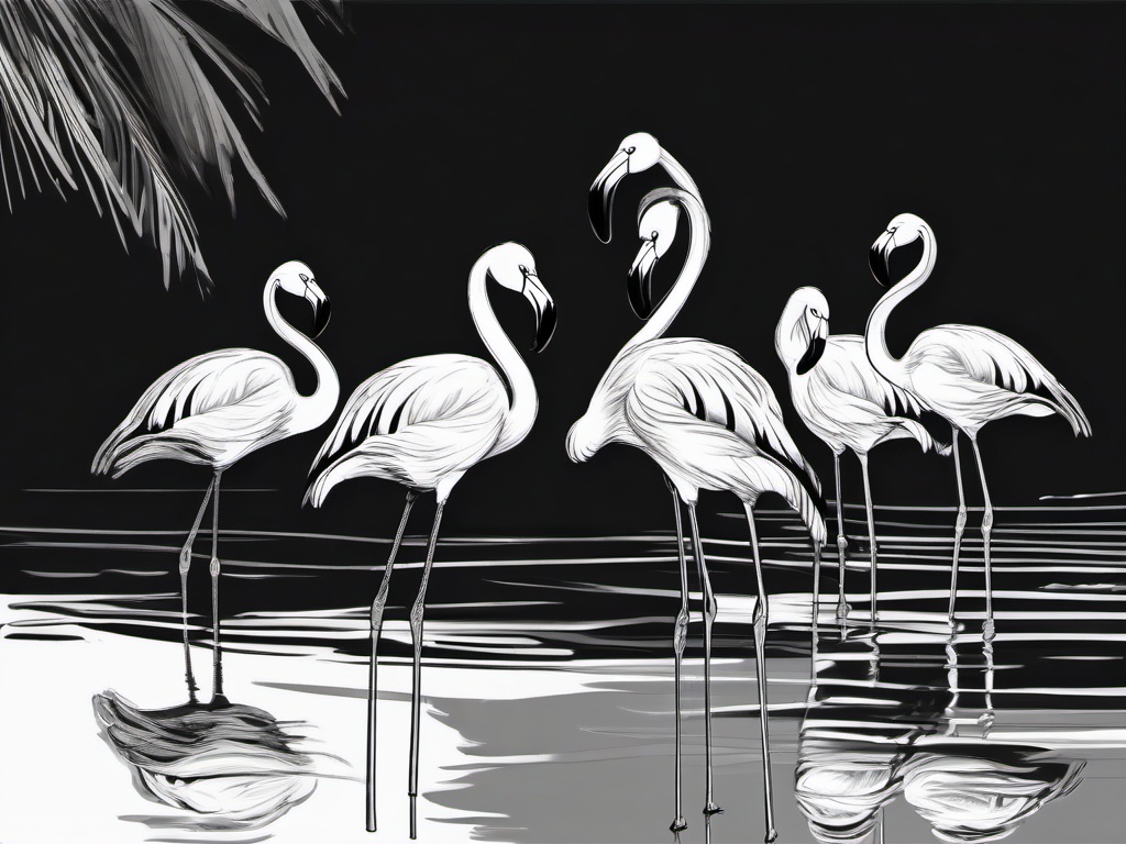 drawing of a group of flamingos by the water  minimal rough sketch scribbles,doodles,black and white