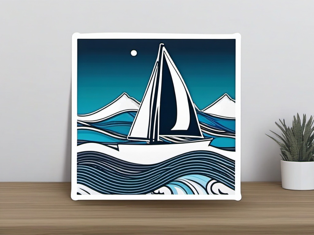 Sailboat in Waves Sticker - Sailboat navigating ocean waves, ,vector color sticker art,minimal