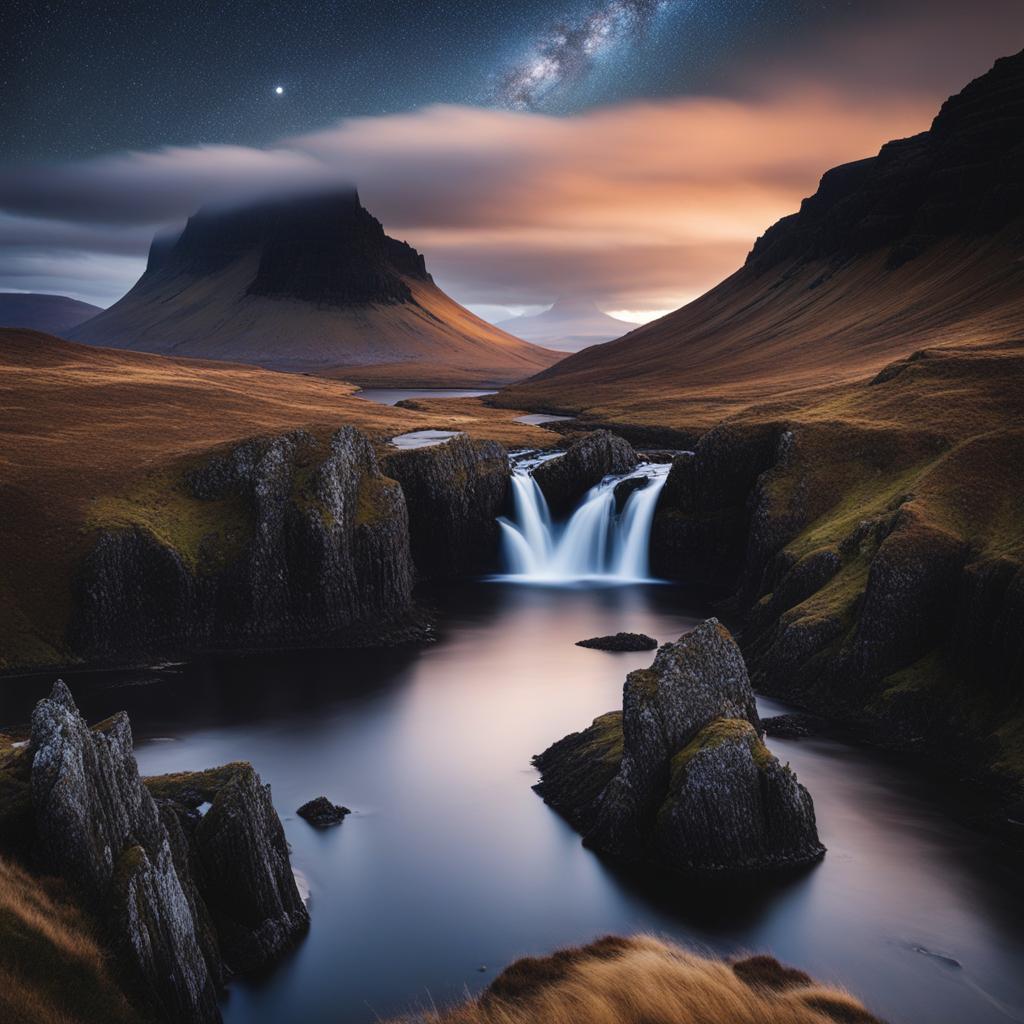 isle of skye, scotland - illustrate the rugged beauty of scotland's isle of skye, with its dramatic cliffs and lochs under a starry night. 