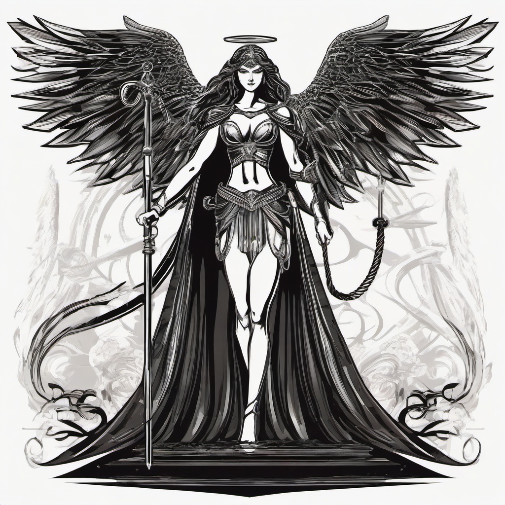 Name: Nemesis
 
- Goddess of: Retribution, Revenge, and Balance
- Physical Description: Winged goddess with a measuring rod and whip  , vector illustration, clipart