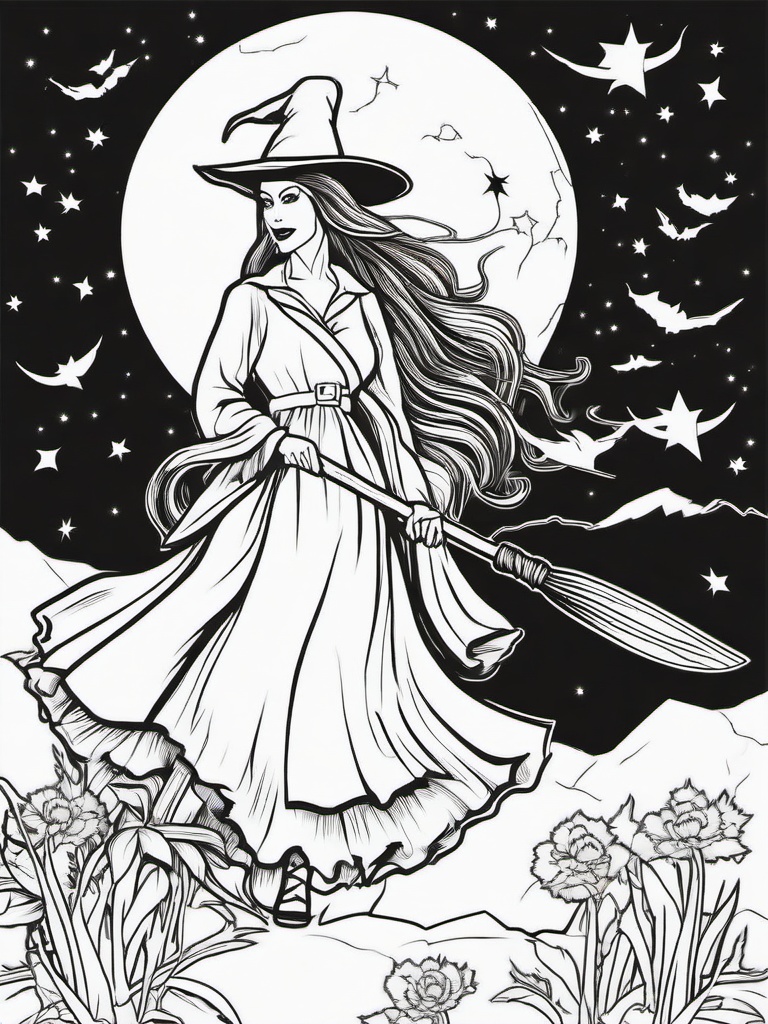 Horror Coloring Pages - Witch flying on a broomstick under a full moon  simple coloring pages