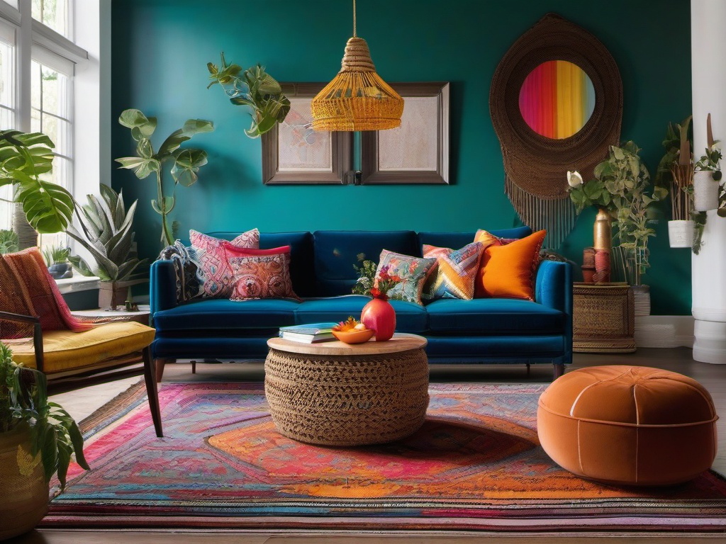 Bohemian-inspired living room with vibrant colors and eclectic decor.  