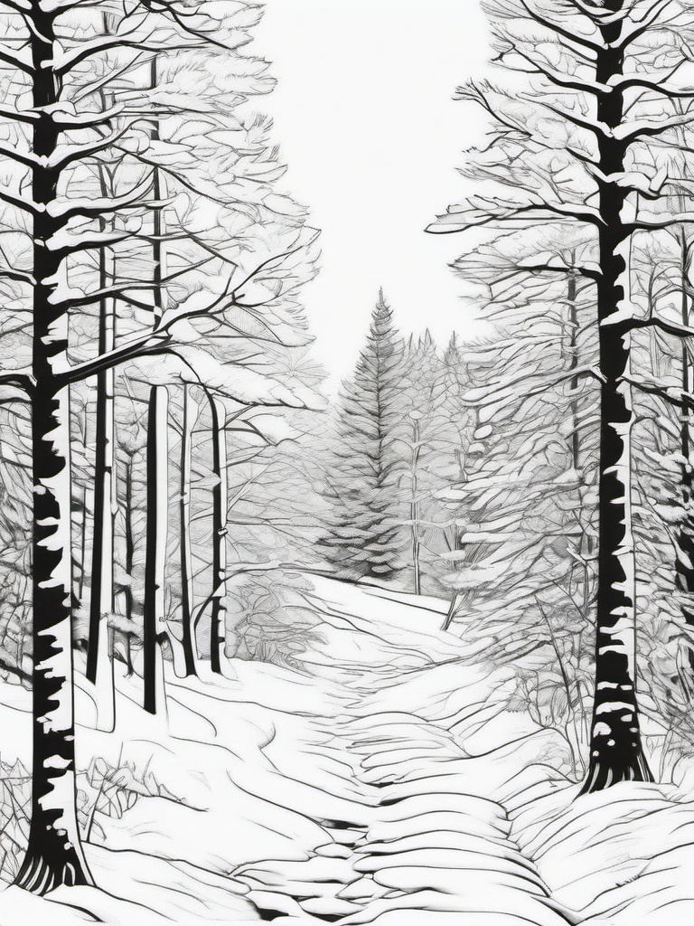 Winter Forest Path Coloring Pages - Snowy Trails Through the Woods  minimal black outline printable sheet, coloring page