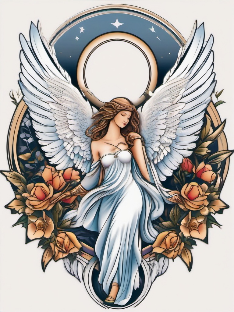 Angel and Dove Tattoo-Creative and symbolic tattoo featuring both an angel and a dove, capturing themes of peace and spirituality.  simple color tattoo,white background