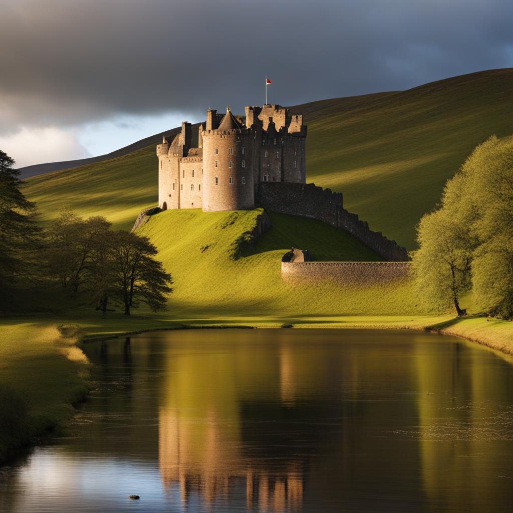 scottish castles, with fortified walls, overlook the highlands of scotland. 