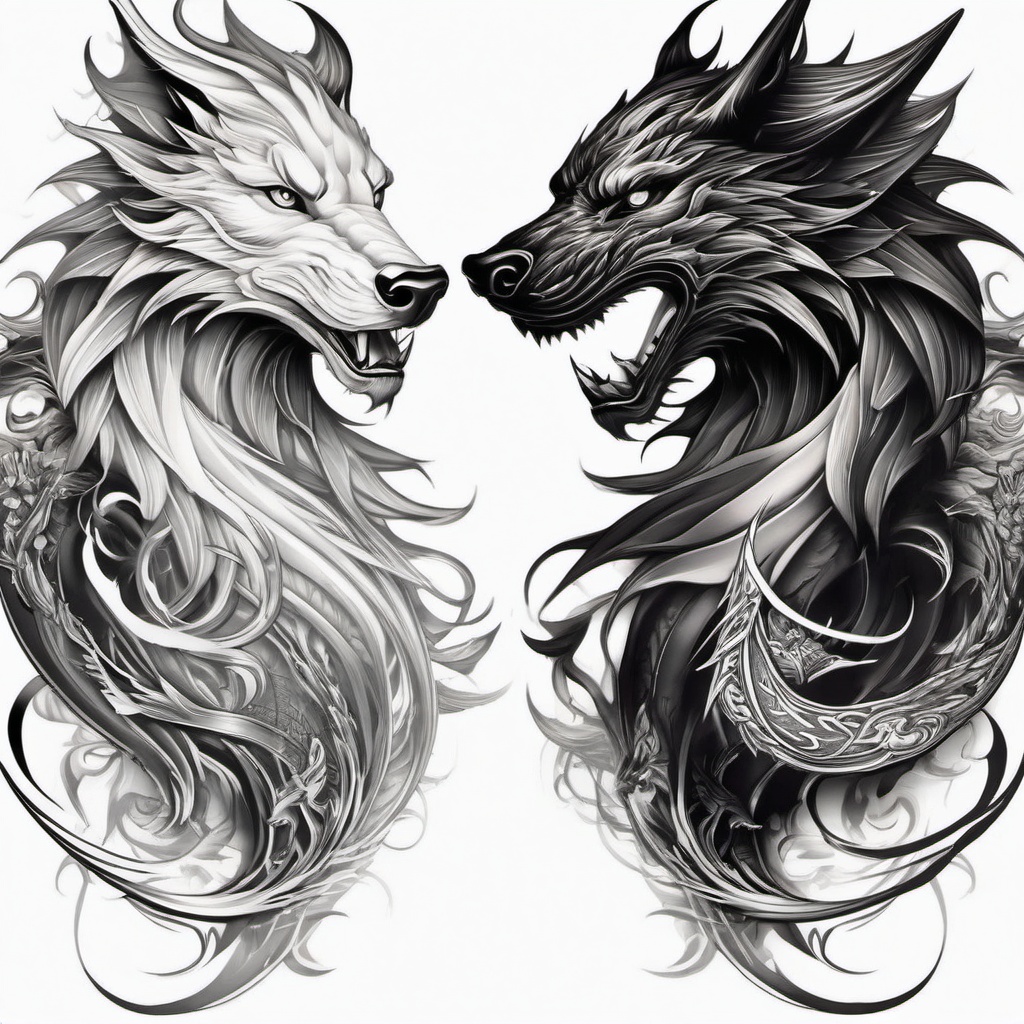 Dragon and Wolf Tattoo,captivating tattoo showcasing the powerful dragon and the fierce wolf, fusion of two powerful beings. , tattoo design, white clean background