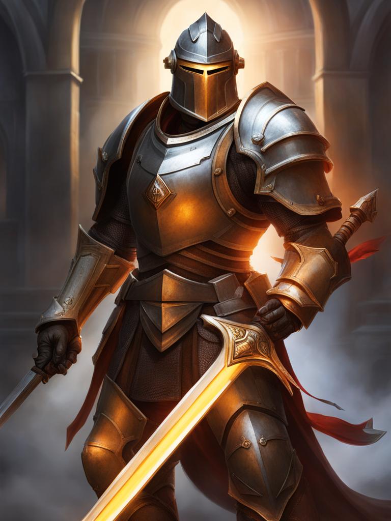 enigmatic warforged paladin of the forge - capture an enigmatic warforged paladin of the forge, wielding a blazing sword. 