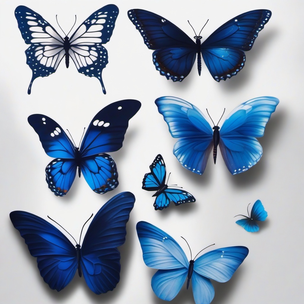 blue ink butterfly tattoo  simple color tattoo, minimal, white background