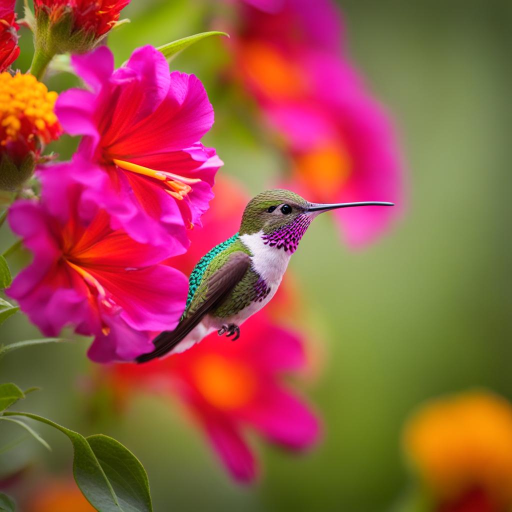 tiny baby hummingbird sipping nectar from vibrant flowers. 