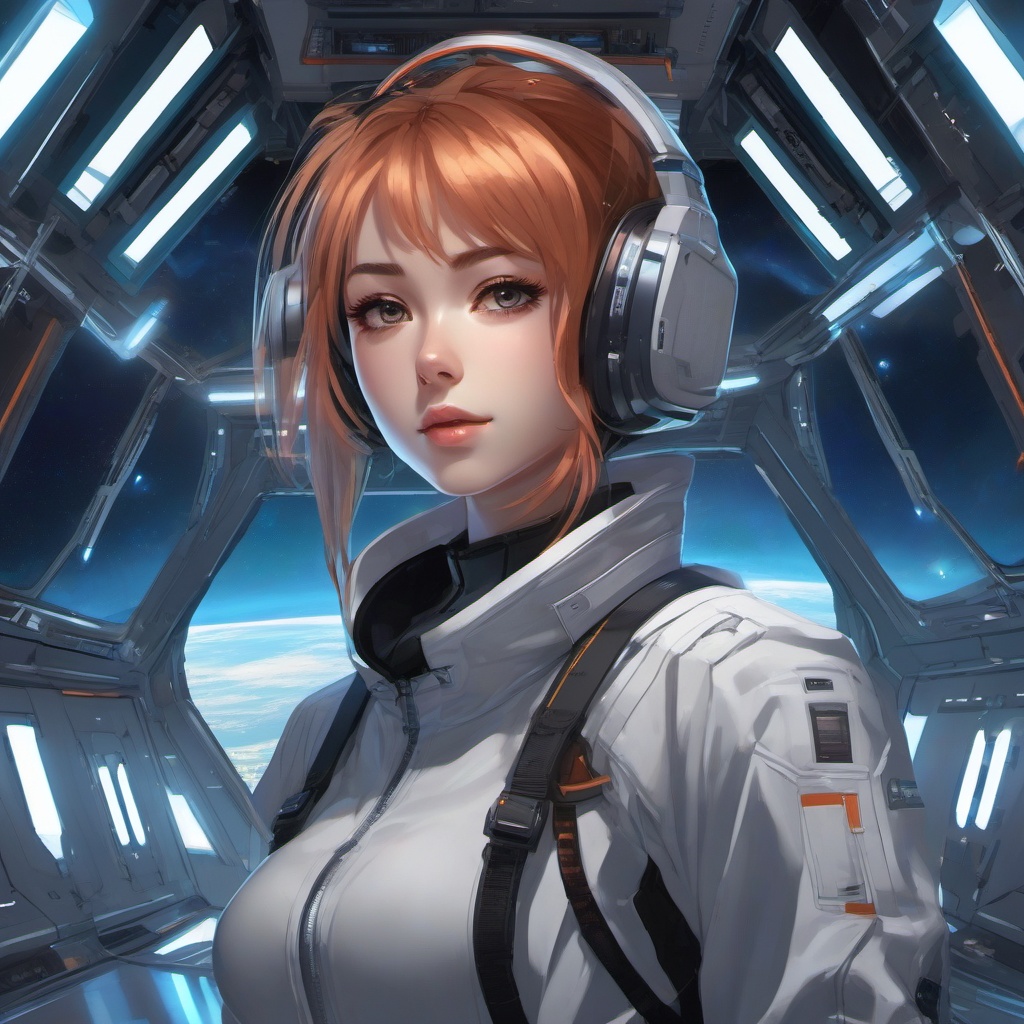 Sci-fi anime girl in a high-tech space station. , aesthetic anime, portrait, centered, head and hair visible, pfp