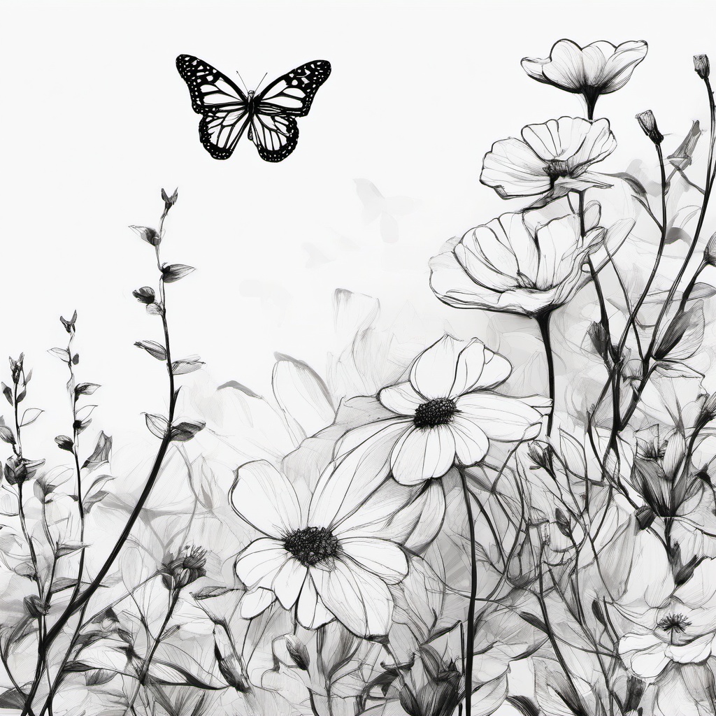 sketch of butterfly on flower  minimal rough sketch scribbles,doodles,black and white