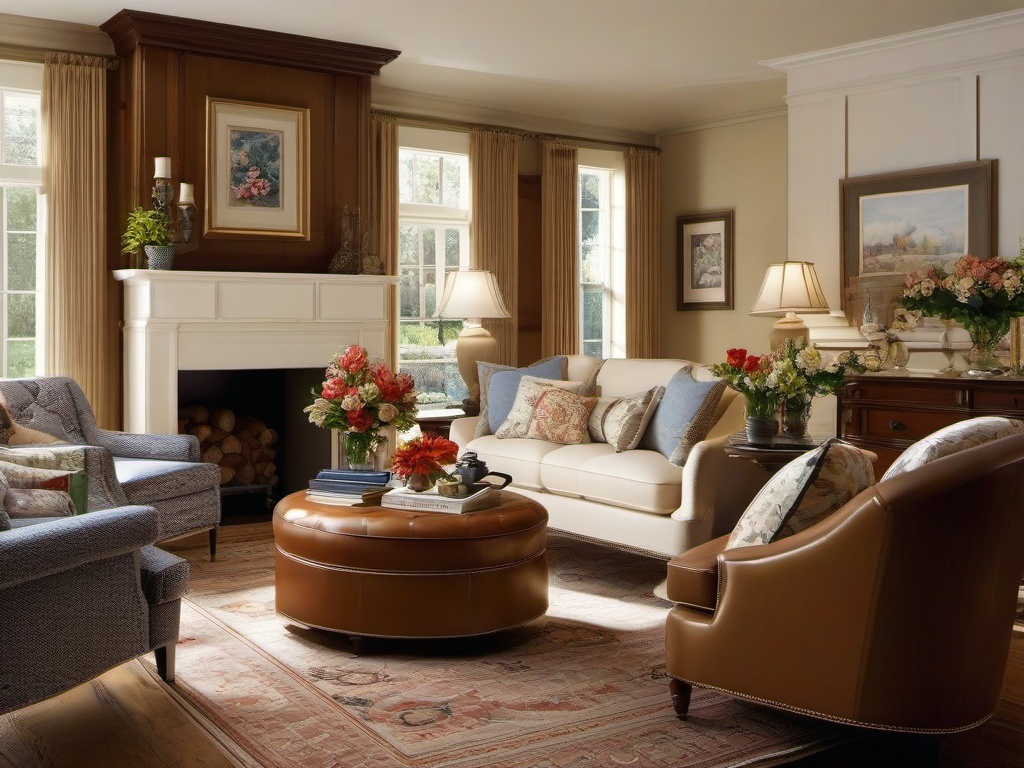 American Traditional living room features classic furniture, floral prints, and wood paneling to offer a timeless, homely feel.  