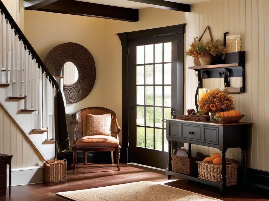 Country entryway combines sturdy furniture, warm colors, and simple decorations to create a cozy atmosphere for welcoming guests into the home.  