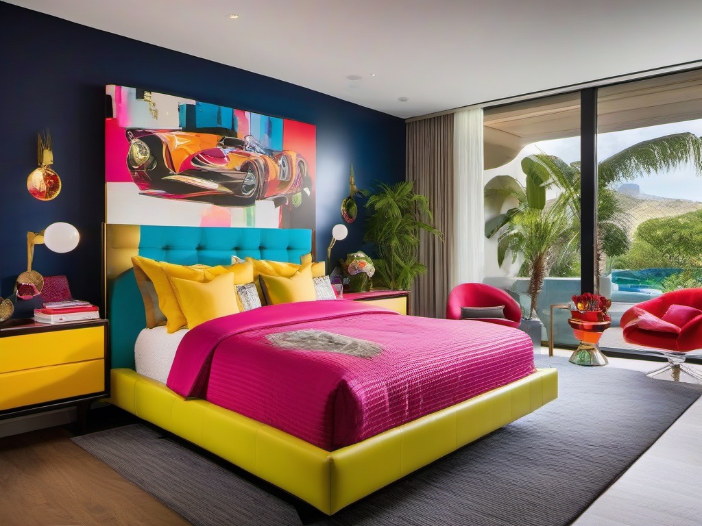 The master bedroom embraces Pop Art interior design with bold colors, iconic art pieces, and eclectic furnishings that create a stylish and stimulating sanctuary for sleep.  