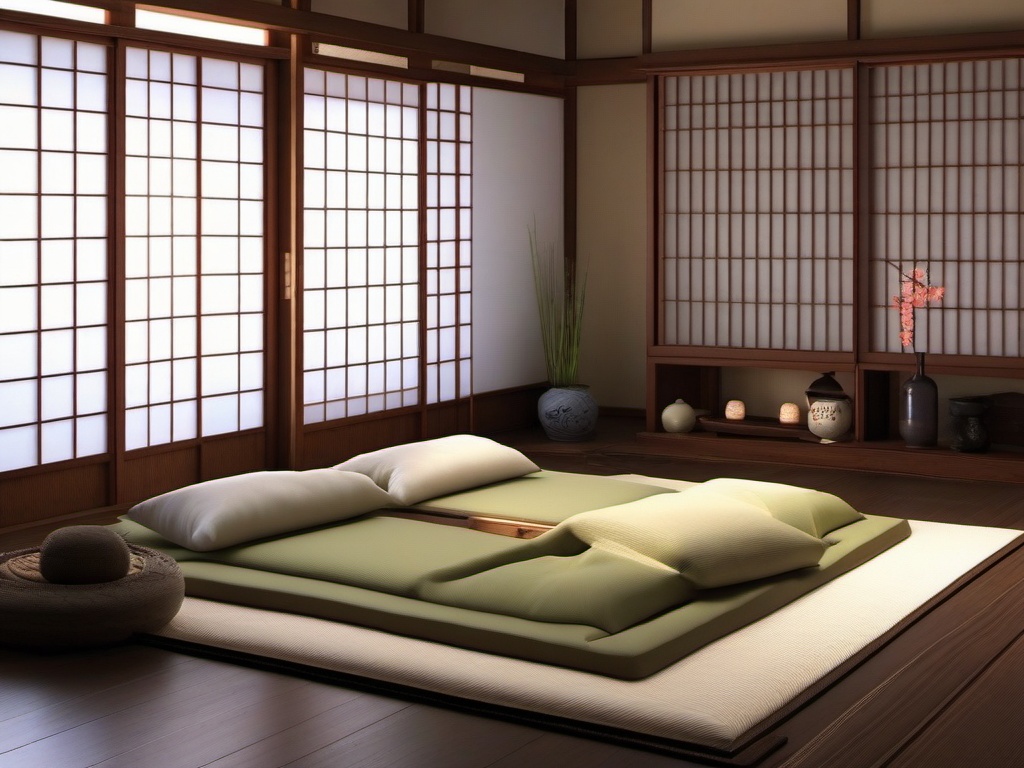 Japanese bedroom with a low futon bed, sliding shoji screens, and minimalist decor creates a peaceful and balanced atmosphere.  