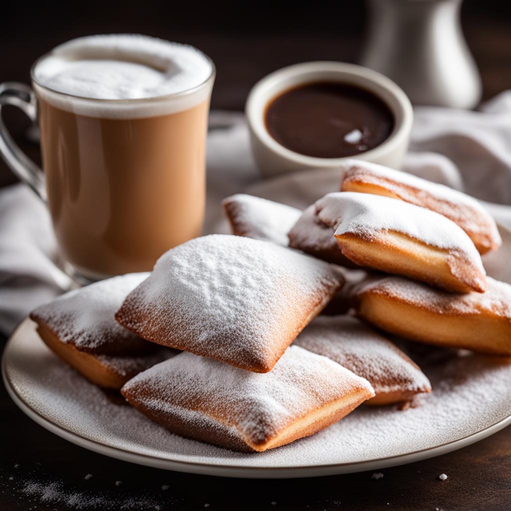 plate of warm, fluffy beignets, dusted with powdered sugar and served with café au lait. 