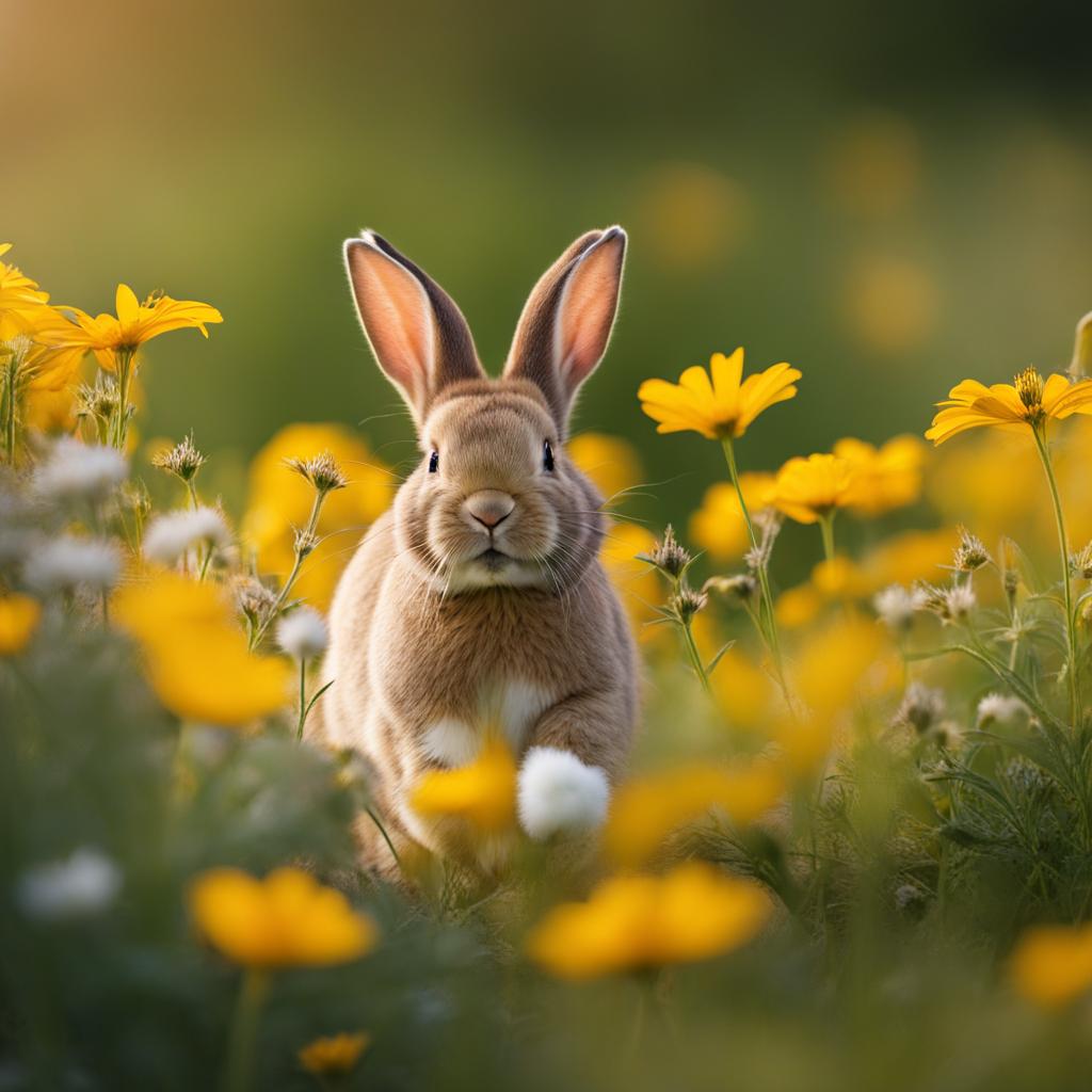 adorable bunny hopping through a field of wildflowers. 