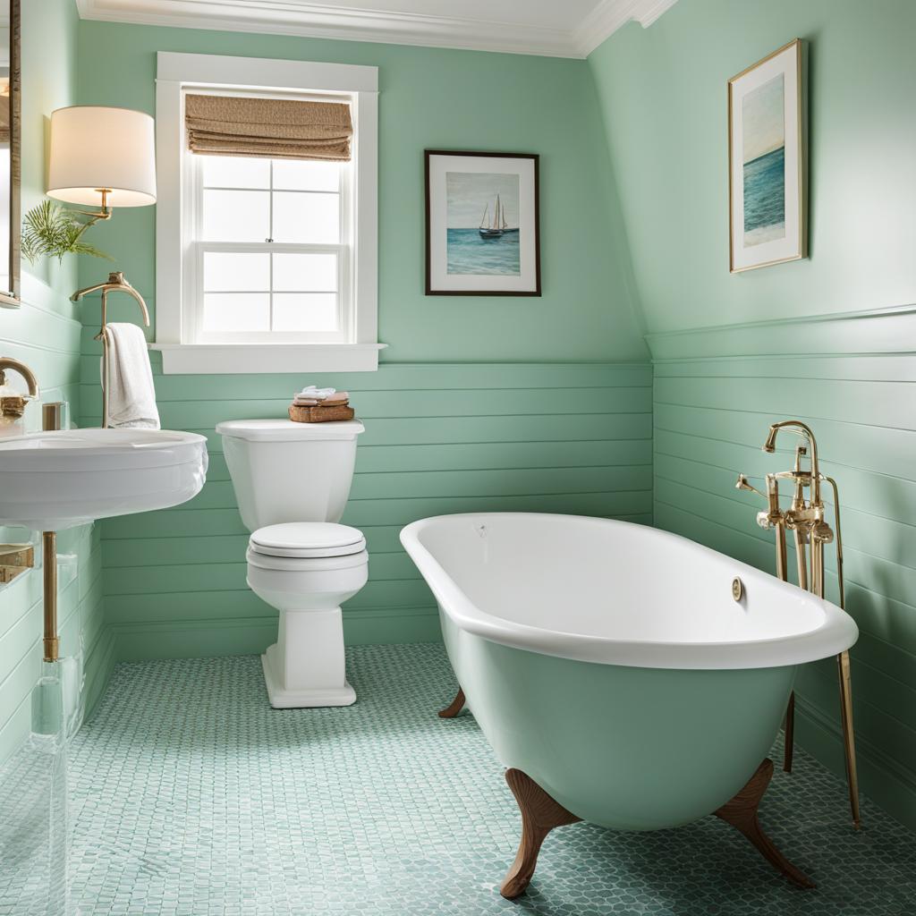 coastal-inspired bathroom with seafoam green tiles and nautical decor. 