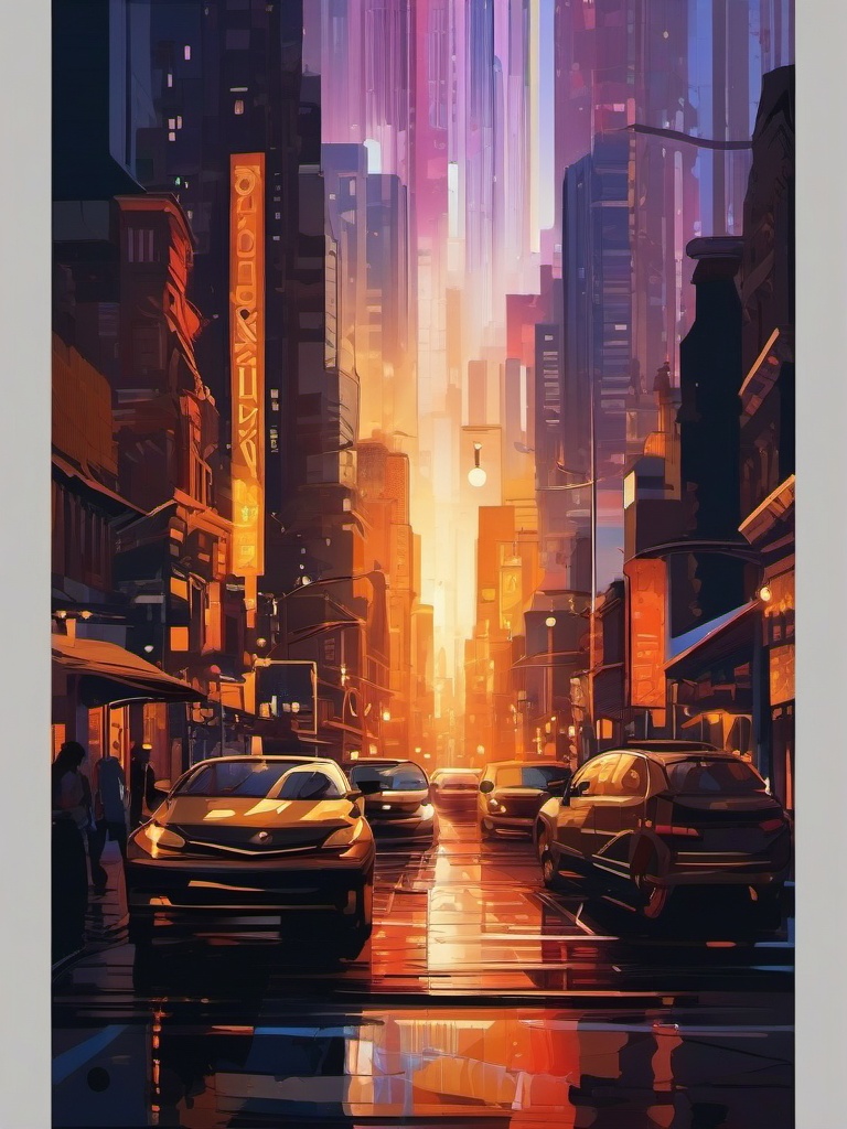 Background City - Bustling Cityscape in the Evening  intricate patterns, splash art, wallpaper art