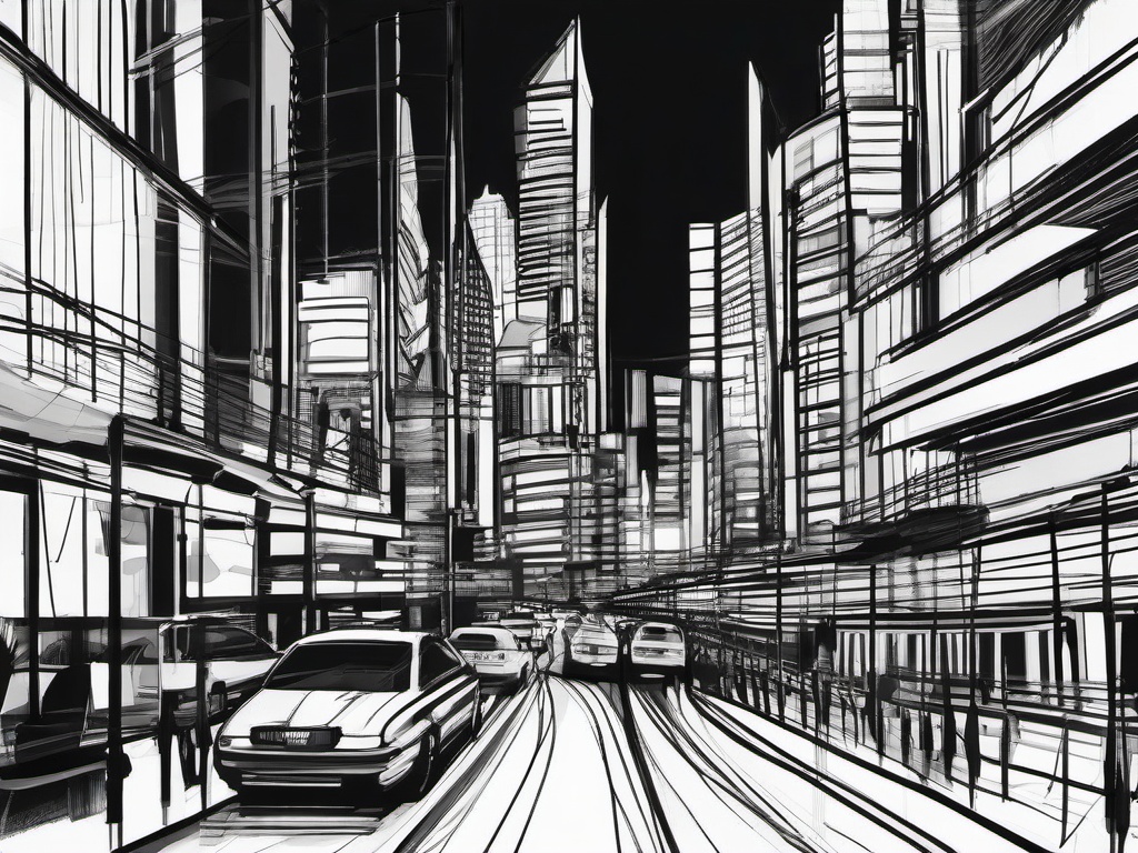 drawing of a vibrant city  minimal rough sketch scribbles,doodles,black and white