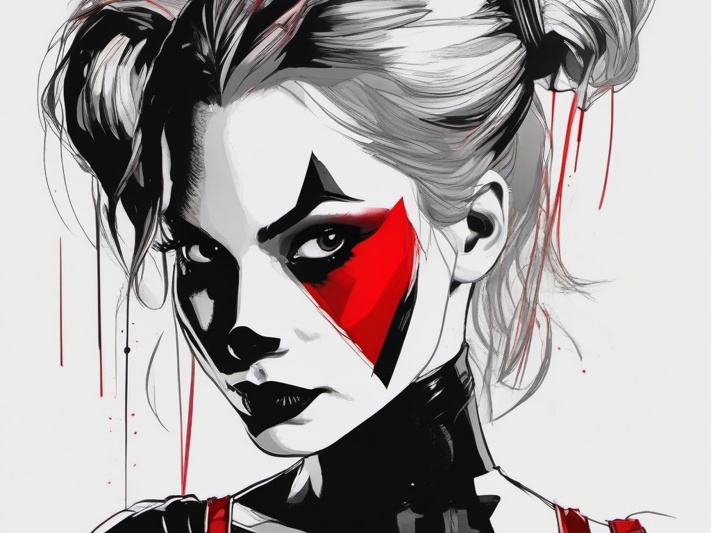 drawing of Harley Quinn with red and black colors  minimal rough sketch scribbles,doodles,black and white