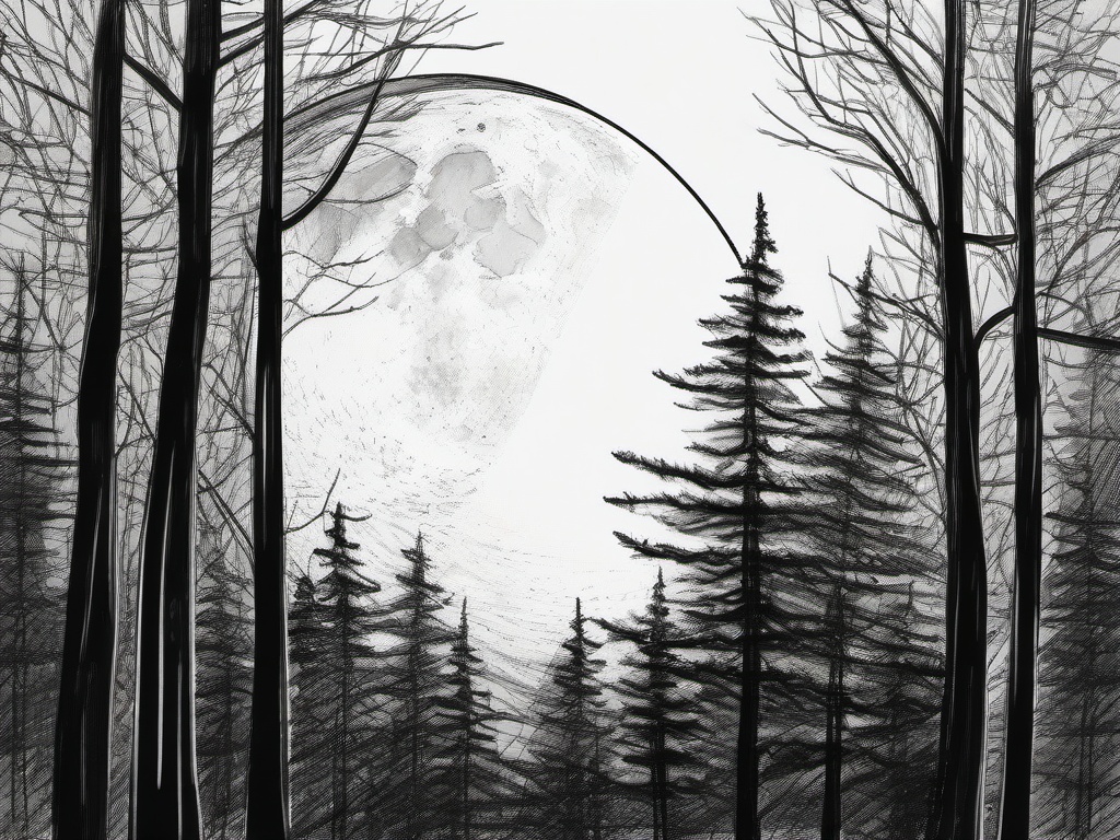 drawing of a moon through the trees  minimal rough sketch scribbles,doodles,black and white