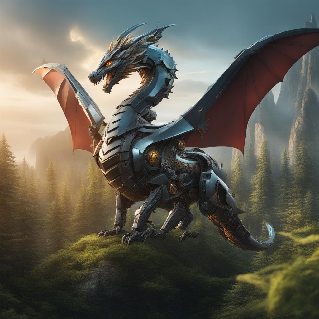 mechanical dragon patrolling a realm where technology and nature coexist, its robotic elements seamlessly integrated. 