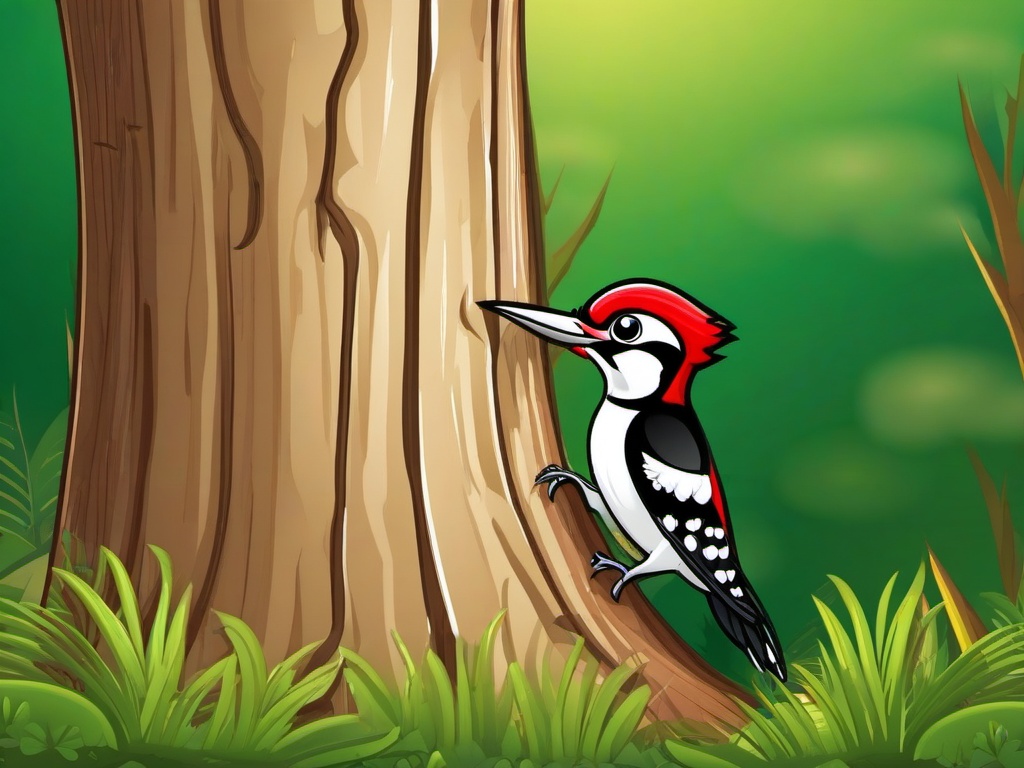 Woodpecker Cartoon - Cartoon of woodpecker on tree trunk  