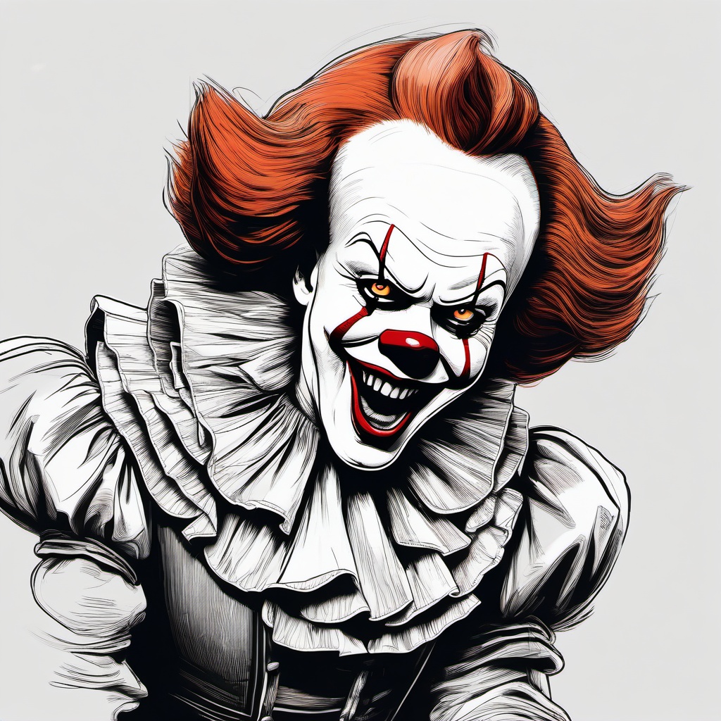 drawing of Pennywise performing a creepy dance  minimal rough sketch scribbles,doodles,black and white