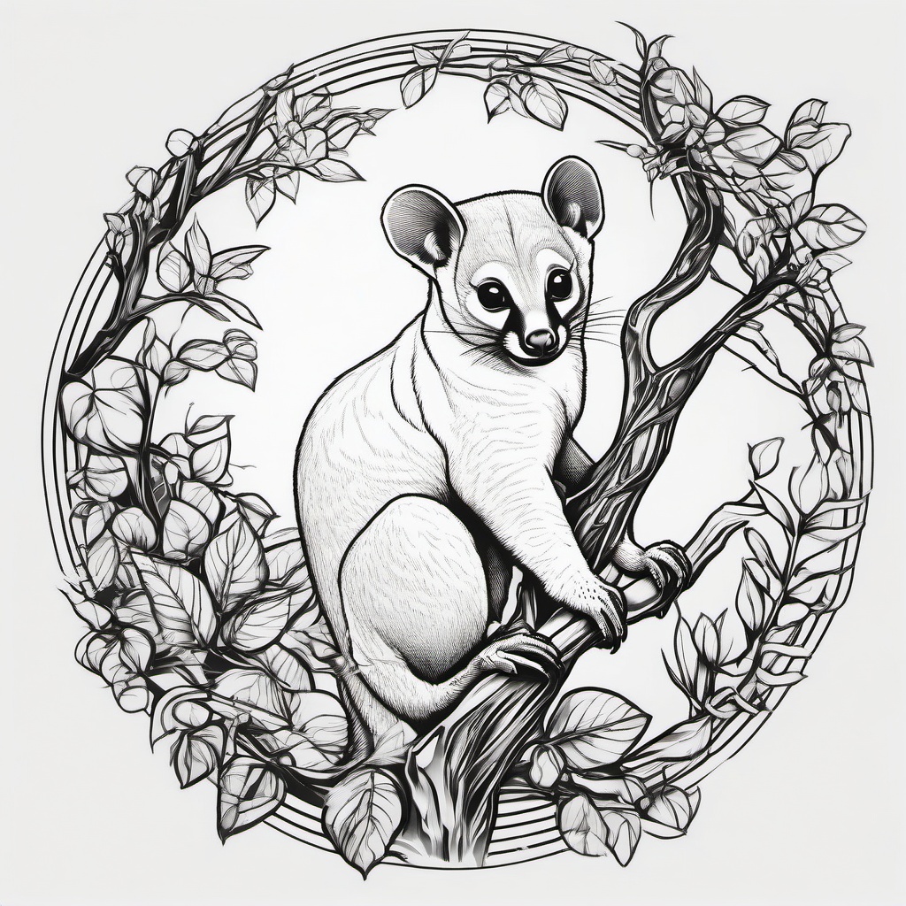 Kinkajou Tattoo - Nocturnal kinkajou perched in the trees  few color tattoo design, simple line art, design clean white background