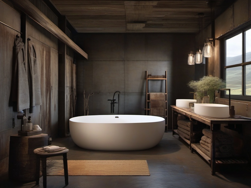 A bathroom with Post-Apocalyptic interior design features utilitarian fixtures, weathered finishes, and earthy colors that turn the space into a rugged retreat for relaxation.  