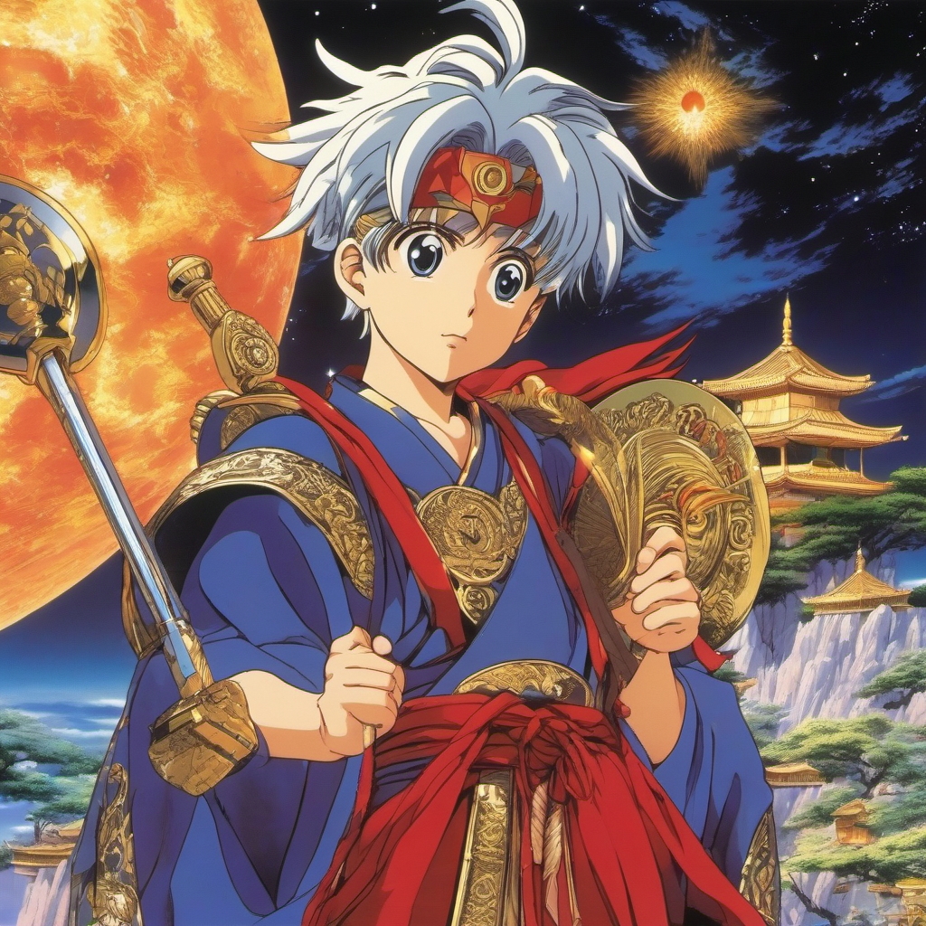 A celestial anime boy, chosen by ancient deities, embarks on a quest to collect divine artifacts and prevent an impending celestial catastrophe.  1990s anime style