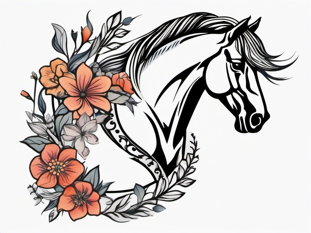 horse shoe with flowers tattoo  simple color tattoo,minimal,white background