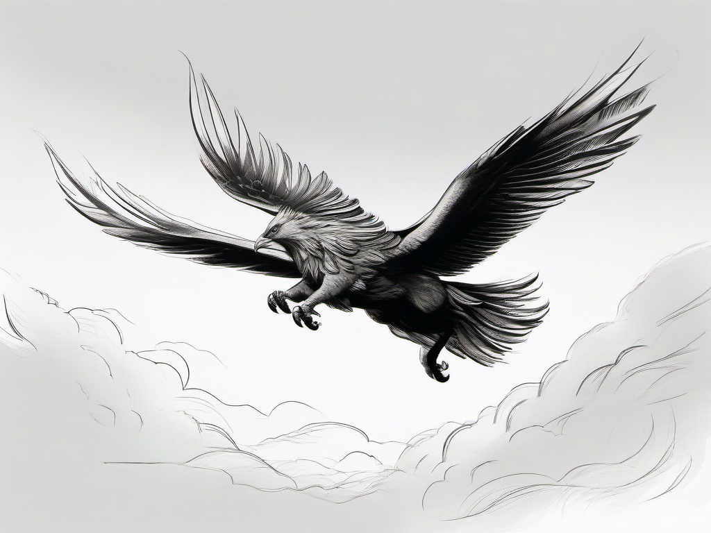 drawing of a griffin soaring in the sky  minimal rough sketch scribbles,doodles,black and white