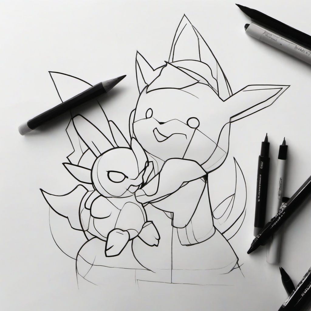 drawing of a Pokémon with a trainer  minimal rough sketch scribbles,doodles,black and white