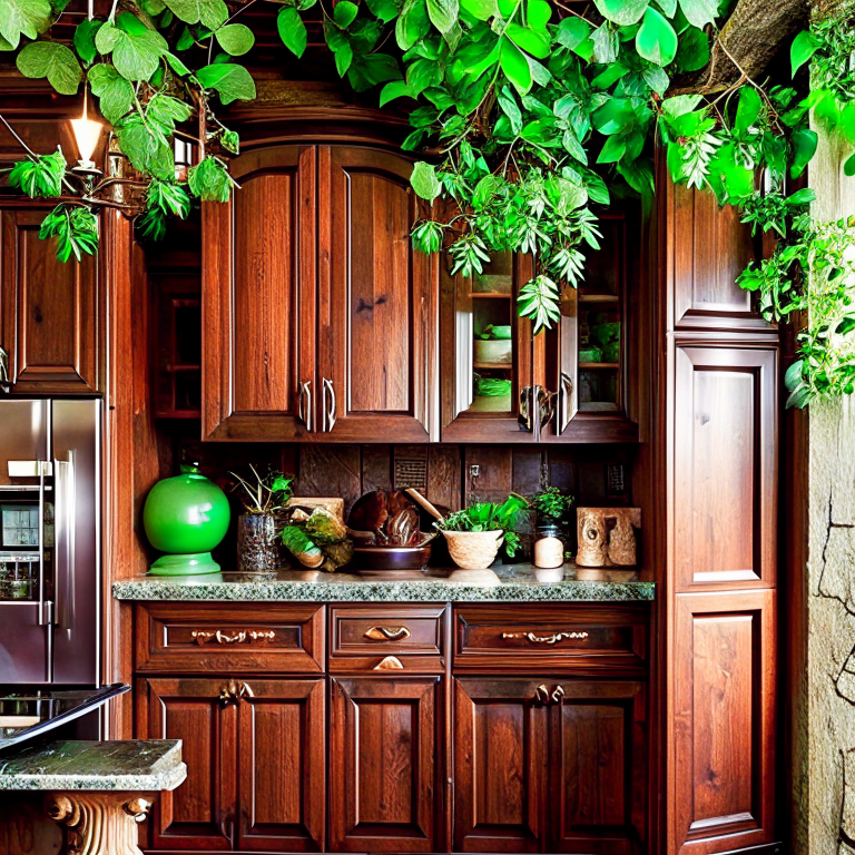 enchanted forest kitchen featuring tree bark-textured cabinetry and elven accents. 