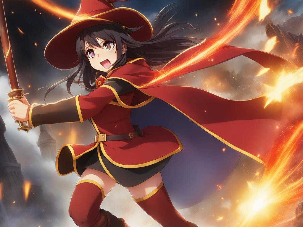 megumin obliterates foes with explosive magic spells. 